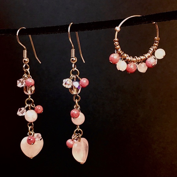 Pink & Mauve Dangle Earrings with Quartz Hearts - Picture 1 of 6